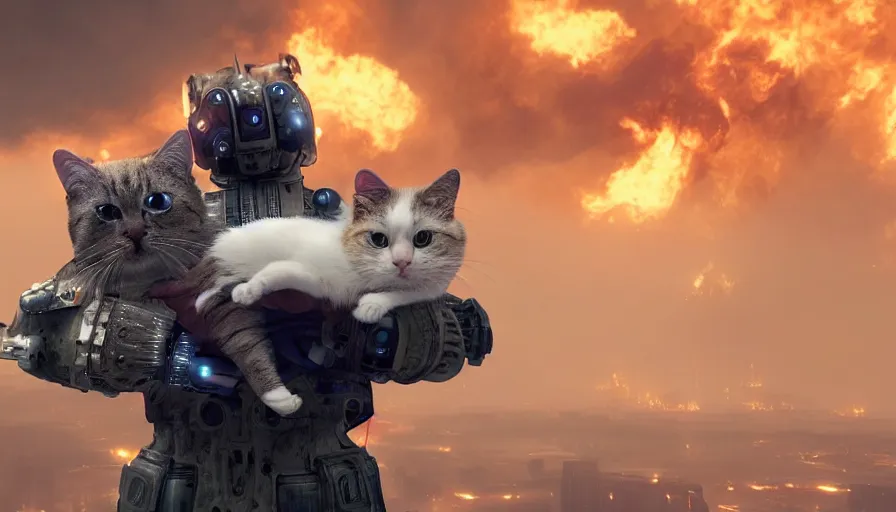 Image similar to a beautiful award-winning photo of a cyborg holding a small cat, serene post-nuclear background, a huge nuclear cloud, intricate details, numerous fires, volumetric lighting, haze, very high quality, extremely detailed, subtle visual noise, unreal engine 5, hyperrealistic, 8K