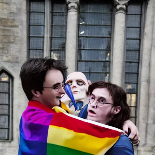 Prompt: harry potter hugs voldemort pride flag in background