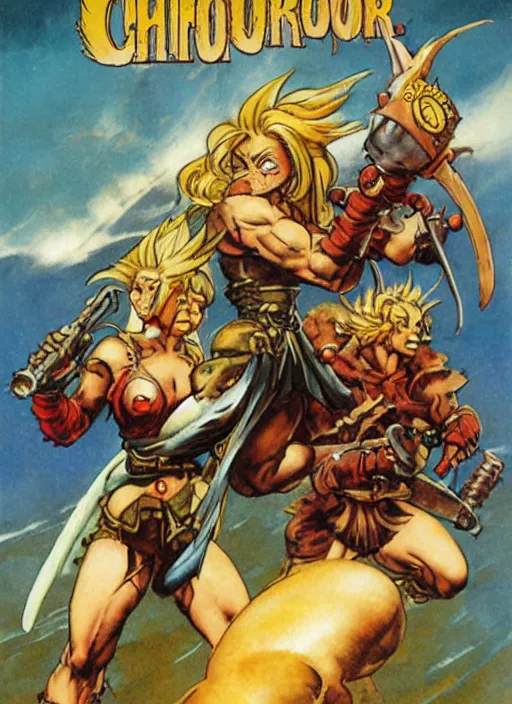 Prompt: chrono trigger as reimagined by frank frazetta and boris vallejo