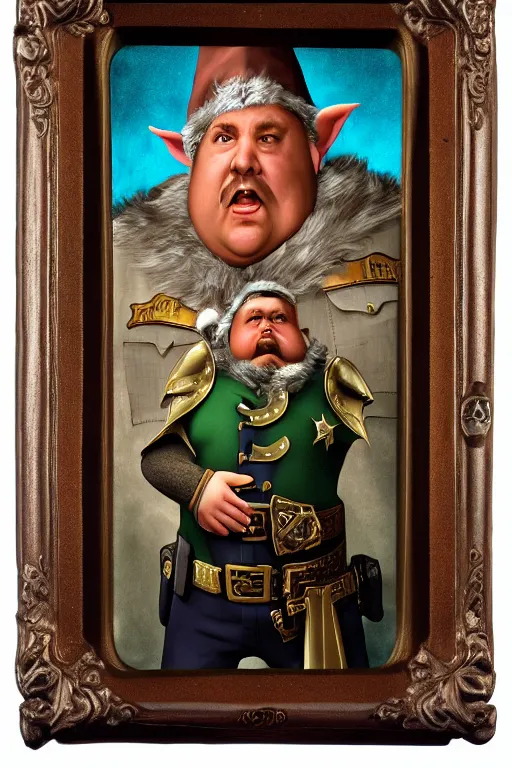 Prompt: high fantasy elf mall cop with a sheriff's badge that is fat, shifty, 1500s Oil Portrait, Carvagio, 8K scan
