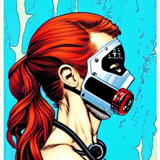 Image similar to a profile photo of a red head woman with a diving oxygen mask with side profile blood in ocean intricate details by MARVEL comics and Sandra Chevrier-C