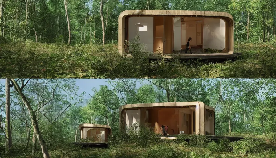 Image similar to A unique innovative and creative eco community of small affordable and contemporary creative cabins in a lush green forest with soft rounded corners and angles, 3D printed line texture, made of cement, connected by sidewalks, public space, and a park, Design and style by Zaha Hadid, Wes Anderson and Gucci