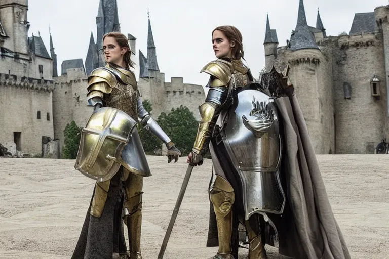 Prompt: promotional image of Emma Watson as Joan of Arc in the new movie directed by Ridley Scott, full suit of gilded plate armor, castle in the background, detailed face, movie still, promotional image, imax 70 mm footage