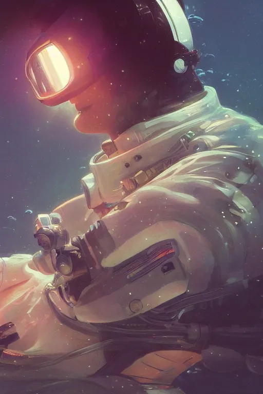 Image similar to astronaut underwater in the ocean at night, volumetric lighting, glowing lights, 4k, octane, digital painting, artstation, concept art, sharp focus, illustration, art by artgerm and greg rutkowski and alphonse mucha