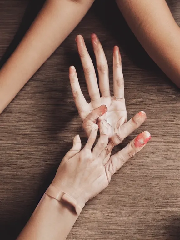 Image similar to an instagram photo of exactly one detailed woman's hand palm up lying on the table, instagram photo, studio photo