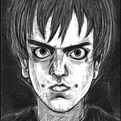 Prompt: A portrait of Mario drawn by Junji Ito, horror, gothic, fantasy, manga