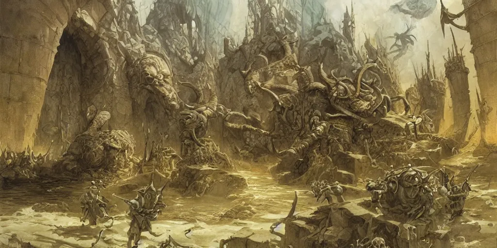 Image similar to art by john howe of the repelling of invaders by making a deal with the devil and finding a secret underwater entrance.