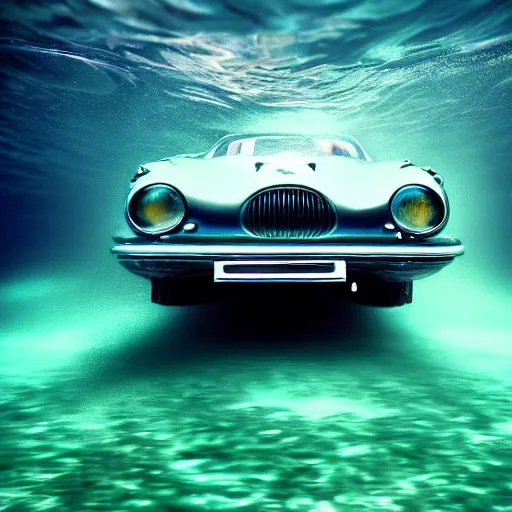 Prompt: hyperrealistic photo of an old jaguar car underwater in a swimming poo, rainbow colorsl, 4 k, 8 k, thin film, full shot