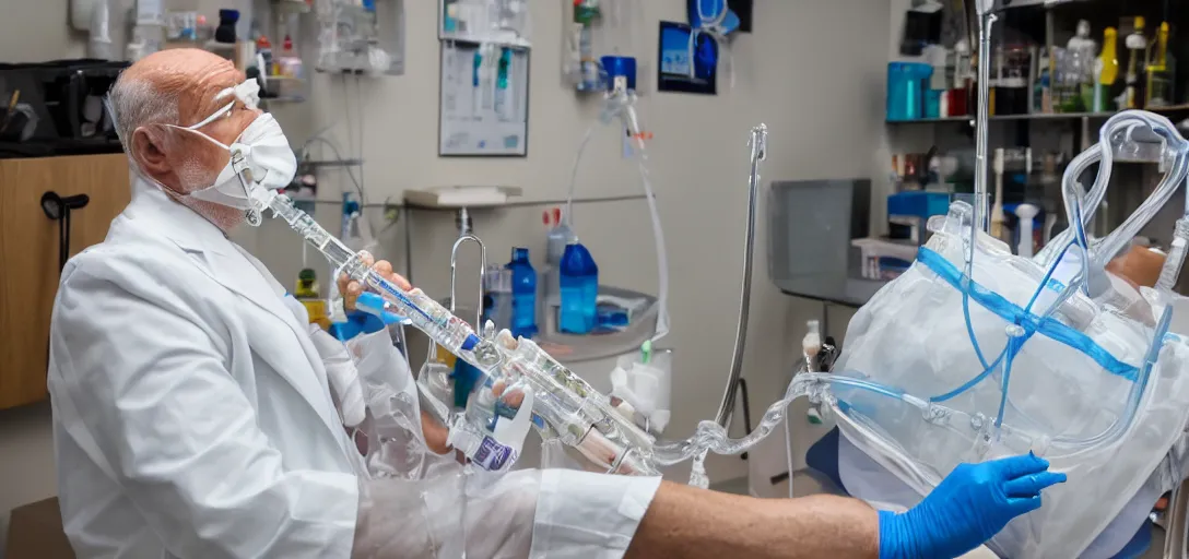 Prompt: doctor playing saxophone made out of clear tubing, syringes, urine collection bag, iv pole, fluid bag, nebulizer equipment, bag - valve mask, defibrillator, coban