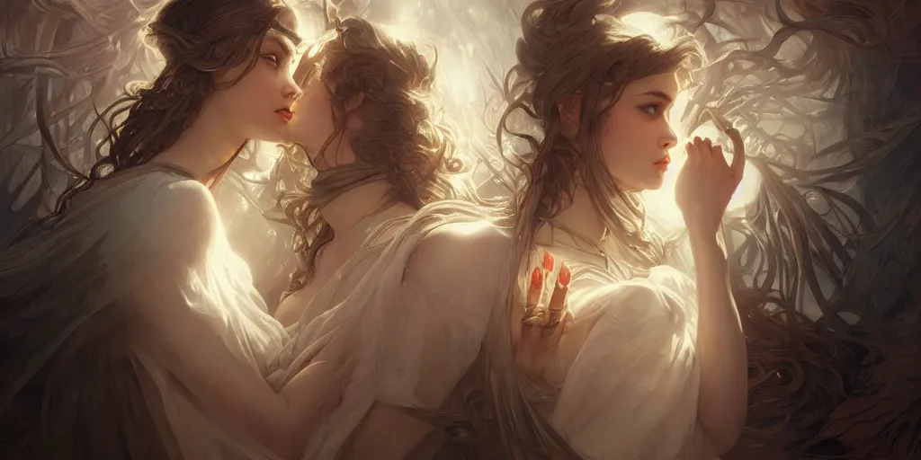 Image similar to broken heart in silence, masterpiece, cinematic, powerful, moon beams dramatic light, highly, intricate elements, hollow souls, detailed, digital painting, artstation, concept art, sharp focus, contrasty, illustration, art by artgerm and greg rutkowski and alphonse mucha, mitch foust, elaborate composition, intricate story