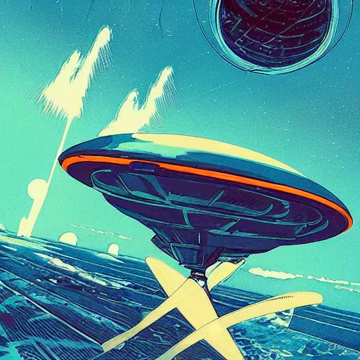 Prompt: sci - fi retrowave pulp art of a spaceship orbiting earth