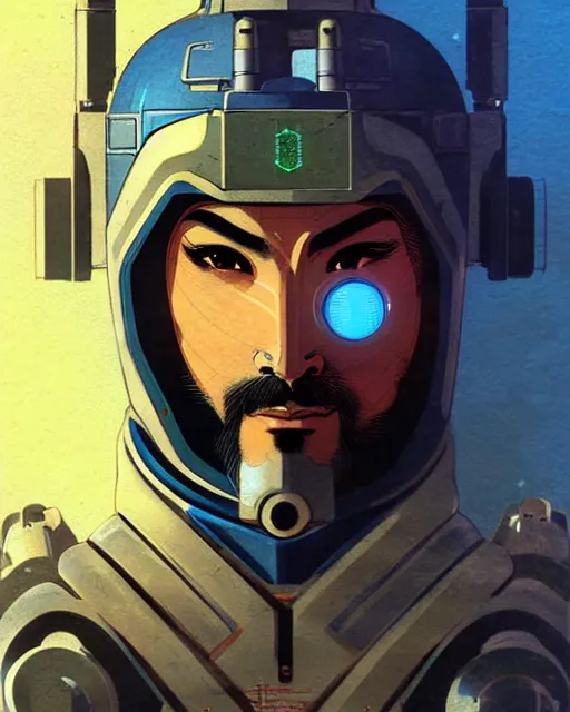 Image similar to hanzo from overwatch, cyber suit, hologram mask, character portrait, portrait, close up, concept art, intricate details, highly detailed, vintage sci - fi poster, retro future, vintage sci - fi art, in the style of chris foss, rodger dean, moebius, michael whelan, and gustave dore