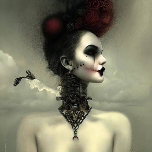 Prompt: By Tom Bagshaw, ultra realist soft painting of a curiosities carnival by night, very beautiful female steampunk Clown in full gothic dress, symmetry accurate features, very intricate details, omnious sky, black and white, volumetric light clouds