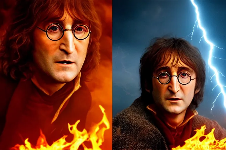 Prompt: an ultra realistic, cinematic, headshot portrait, of john lennon as harry potter, fire, facial features, background of a lava river, with rain and lightning, detailed, deep focus, movie still, dramatic lighting, ray tracing, by michal karcz and yoshitaka amano