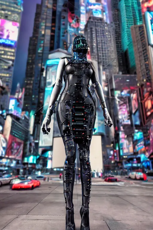 Image similar to fully clothed women dresses in a cyberpunk aesthetic in body suit and high heels with cybernetic eye implants standing at times square circa 2 3 0 0, detailed face!!, beautiful eyes, film still, wide lens, hyperrealism, incredible detail, 8 k resolution, zeiss lens, canon eos, artstation, redshift, octane, detailed face!!,