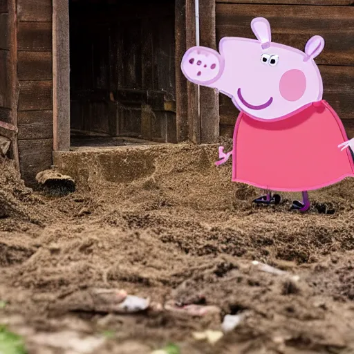 Image similar to peppa pig sitting and crying in a dirty muddy pig sty