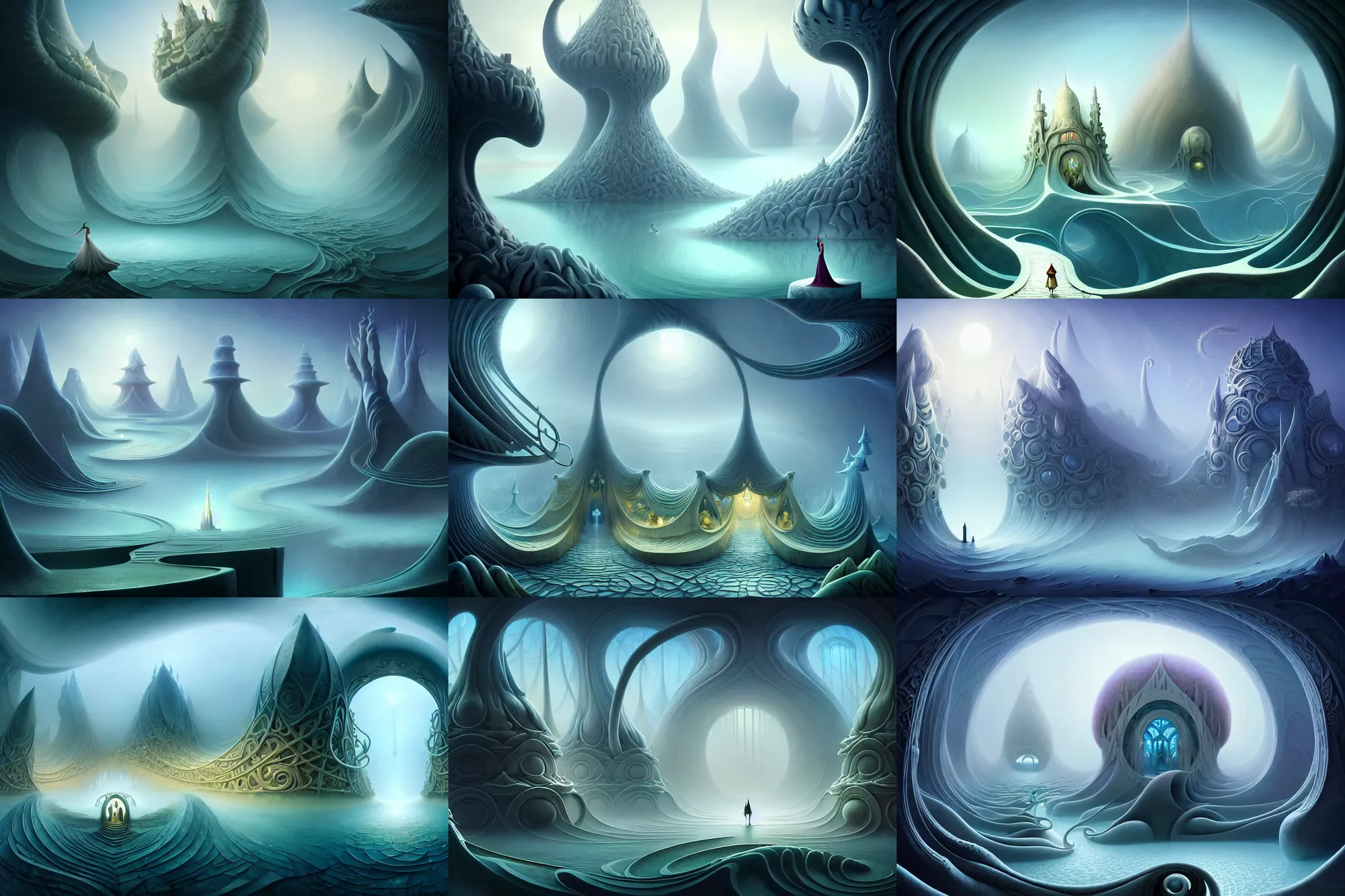 Prompt: an epic elegant mysterious masterpiece fantasy matte painting of an impossible path winding through arctic dream worlds with surreal architecture designed by heironymous bosch, structures inspired by heironymous bosch's garden of earthly delights, surreal ice interiors by cyril rolando and asher durand and natalie shau, insanely detailed, whimsical, intricate, sharp focus, elite