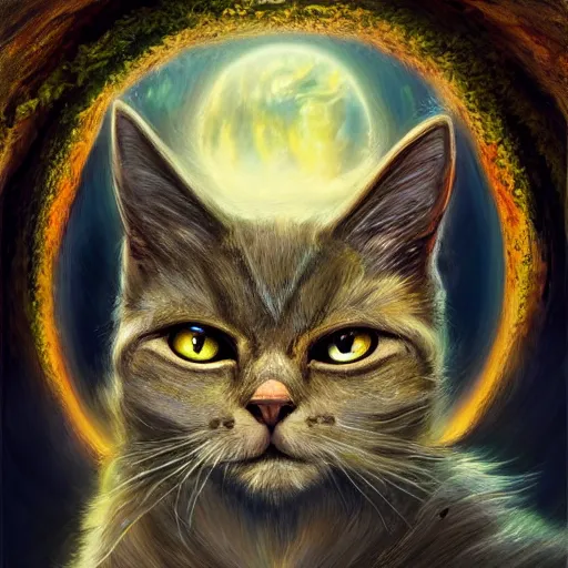Image similar to a cat with a halo, highly detailed, fantasy, concept art, large yellow eyes, smooth art, illustration; background of florals, nature; sharp focus, artstation, digital art, art by clara mcallister,