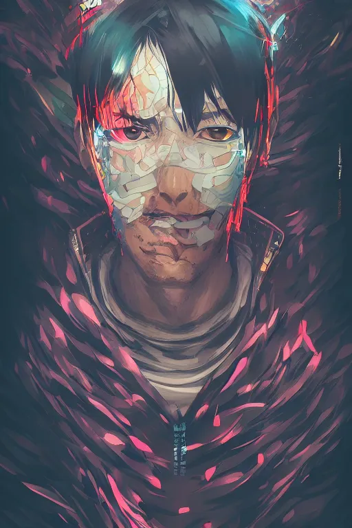 Image similar to abstract portrait, cyberpunk anime hero, floating detailes, very detailed face, dark mood, leaves by miyazaki, colorful palette illustration, kenneth blom, mental alchemy, james jean, pablo amaringo, naudline pierre, contemporary art, hyper detailed