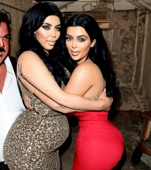 Image similar to Pablo Escobar hugging kim kardashian & kylie Jenner in a derelict mafia mansion