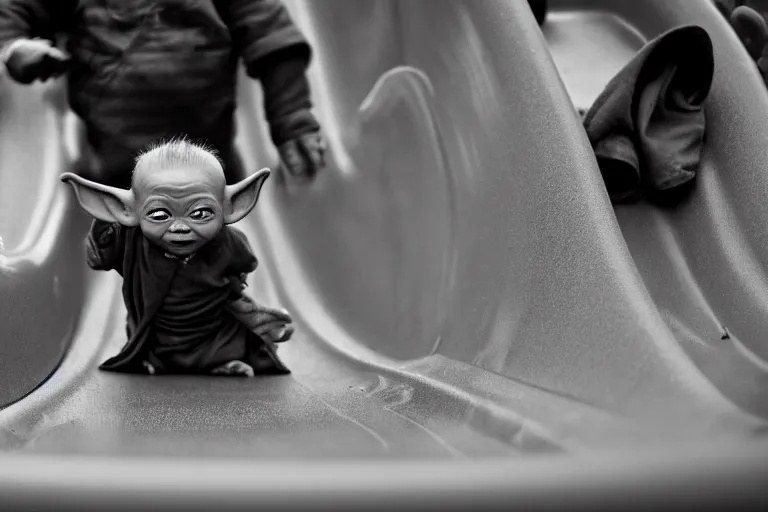 Image similar to photo of Baby Yoda going down a slide at a children’s playground, his arms are in the air and he’s smiling, shallow depth of field, Nikon 50mm f/1.8G,