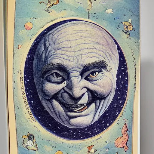 Prompt: dan morris celestial smiling talking moon portrait, side view, surrounded by clouds, illustrated by peggy fortnum and beatrix potter and sir john tenniel