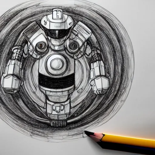 Image similar to an intricate pencil drawing of a giant anime robot with rounded and circular parts