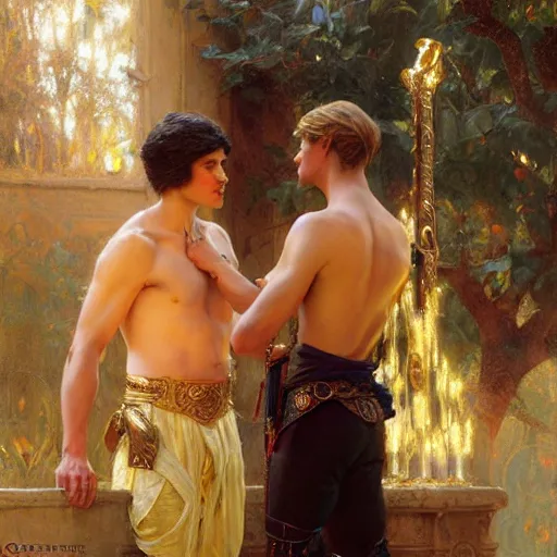 Image similar to attractive fully clothed king confesses his love for his attractive fully clothed male prince. highly detailed painting by gaston bussiere, craig mullins, j. c. leyendecker 8 k