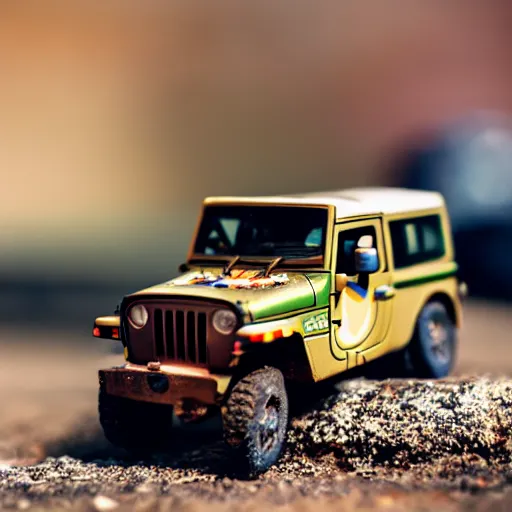 Image similar to COMMANDER, ((jeep)), micro machines, bokeh, macro photography