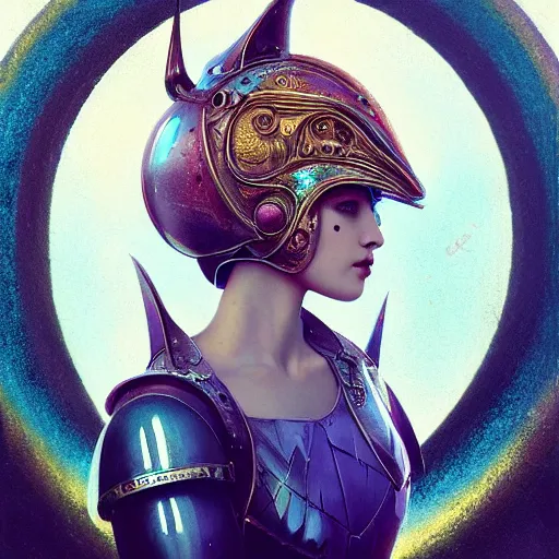 Prompt: tom bagshaw, rainbow lighting world curiosities carnival stars, photorealistic medium shot soft paint of a single very beautiful thicc female full long cyberpunk metallic armor ornate helmet face, accurate features, focus, very intricate ultrafine details, award winning masterpiece