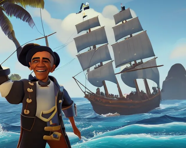 Image similar to a screenshot of Barack Obama in Sea of Thieves (2018)