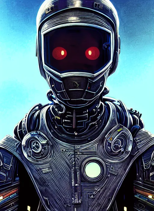 Prompt: young black man in cyber suit, character portrait, cinematic, close up, concept art, intricate details, highly detailed, vintage sci - fi poster, retro future, vintage sci - fi art, in the style of chris foss, rodger dean, moebius, michael whelan, hearthstone, katsuhiro otomo, and gustave dore
