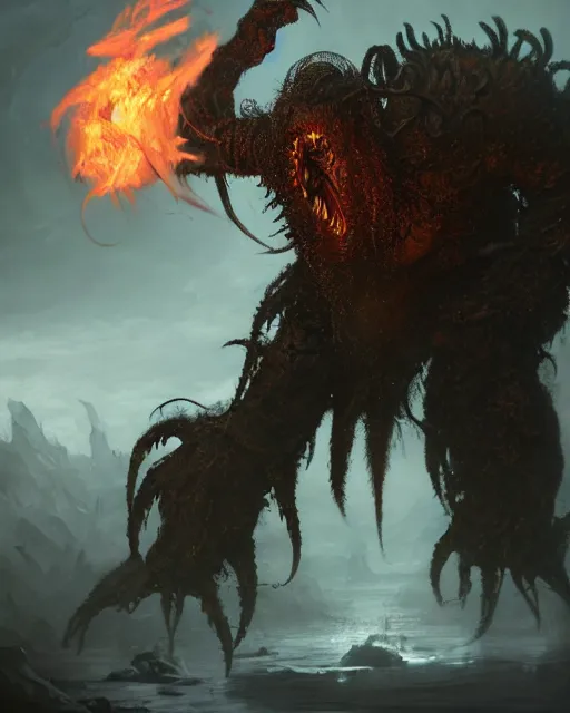 Prompt: oil painting of Angry Anthropomorphized Cthulhu Berserker, wearing fur armor, claws, sharp focus, attack pose, fantasy style, octane render, volumetric lighting, 8k high definition, by greg rutkowski, highly detailed, trending on art Station, magic the gathering artwork, burning Battlefield background, centered