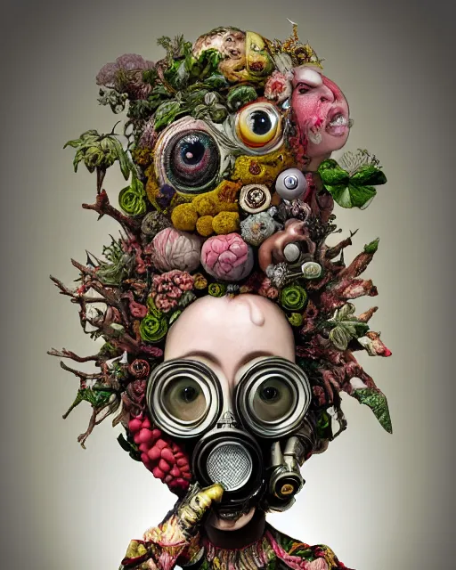 Prompt: a maximalist biomorphic portrait with with large eyes, expressive, wearing a botanical gas mask by arcimboldo, baroque, by ayami kojima, mark ryden, surrealism by dali, hauntingly surreal, statue, high fashion, focus on head, soft light, 4 k, octane high quality render