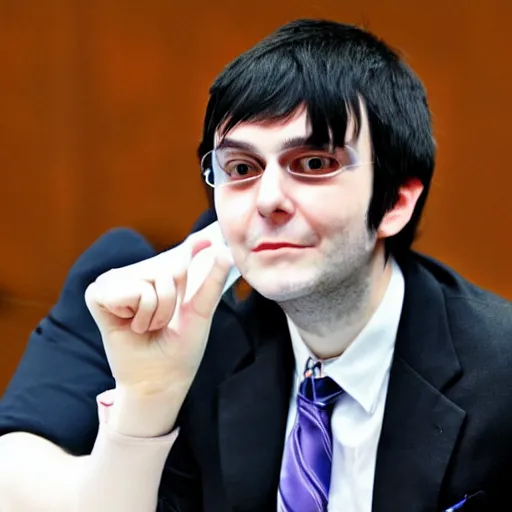 Prompt: cute looking martin shkreli at his trial, cosplaying a girl with cat ears, wearing nekomimi