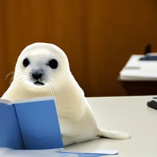 Prompt: a baby harp seal reading nuclear weapon plans in a well - appointed office, photo, gentle bokeh