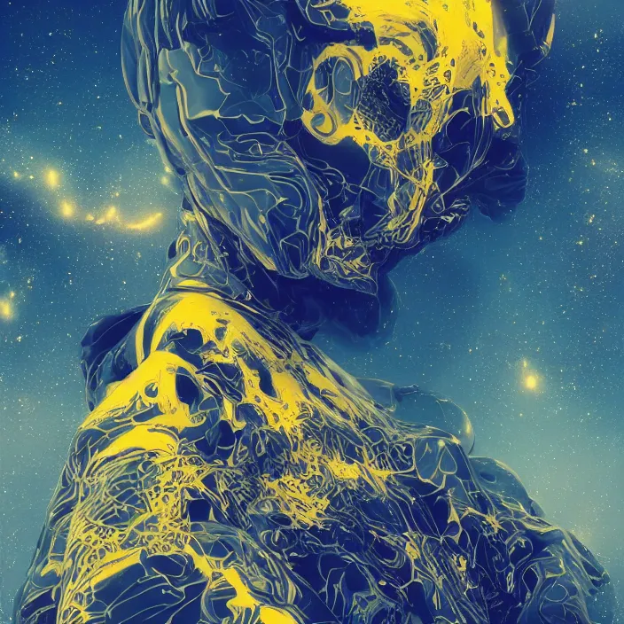 Image similar to portrait of a destroyer of galaxies, indigo and yellow. intricate abstract. intricate artwork. nightmare fuel. by tooth wu wlop beeple dan mumford. octane _ render