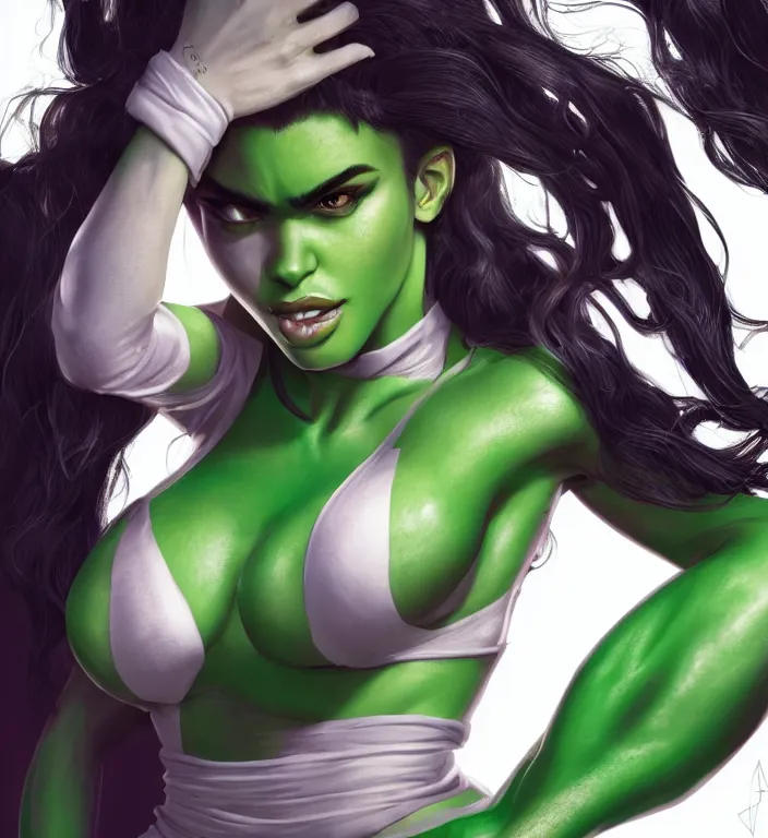 Prompt: madison beer as shehulk, au naturel, hyper detailed, digital art, trending in artstation, cinematic lighting, studio quality, smooth render, unreal engine 5 rendered, octane rendered