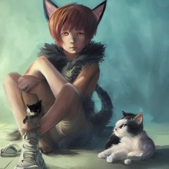 Image similar to boy with cat ears and cat tail resting on the floor, fantasy artwork, award winning, very very very very very very very very beautiful, trending on artstation.