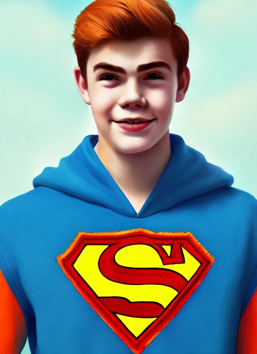 Image similar to friendly teenage archie andrews wearing an orange superhero costume with heart logo, heart, freckles, blue cape, heart emblem on chest, blue cape, intricate, elegant, glowing lights, highly detailed, digital painting, artstation, sharp focus, illustration, art by wlop, mars ravelo and greg rutkowski