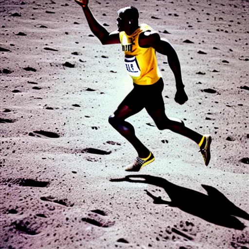 Image similar to usain bolt running on the moon, kodachrome film