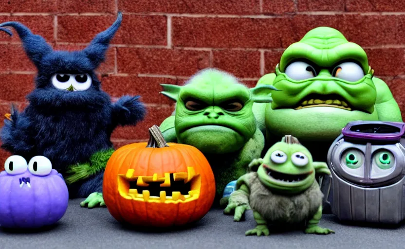 Image similar to pumpkin godzilla yoda donkey kong pikachu yeti shrek super robot homer groot waluigi darth vader mike wazowski, highly detailed, extremely high quality, hd, 4 k, 8 k, professional photographer, 4 0 mp, lifelike, top - rated, award winning, cinematic, realistic, detailed lighting, detailed shadows, sharp, no blur, edited, corrected, trending