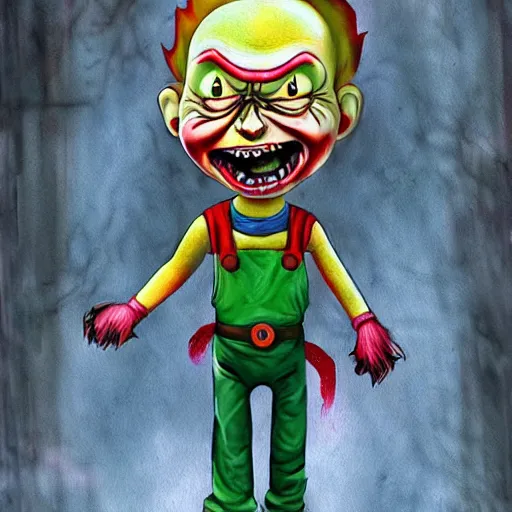 Image similar to fantasy painting of chucky by rick and morty | horror themed | creepy