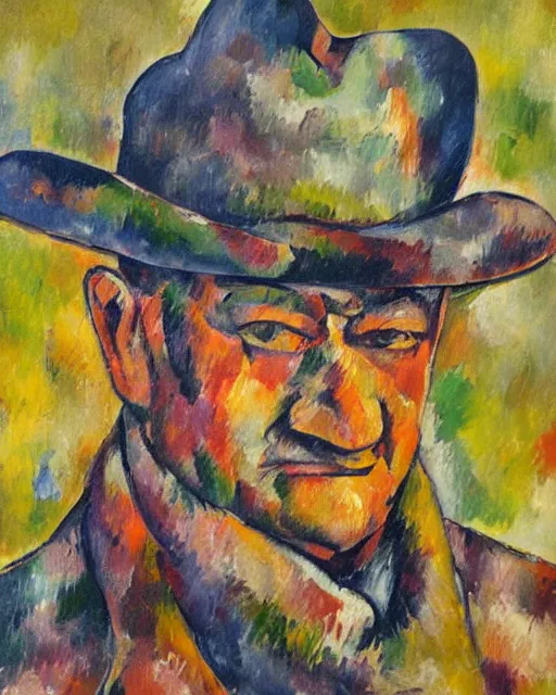 Image similar to abstracted John Wayne painted in extremely thick, muted impasto splatter paint, in muted colors, in impressionist style of Paul Cézanne