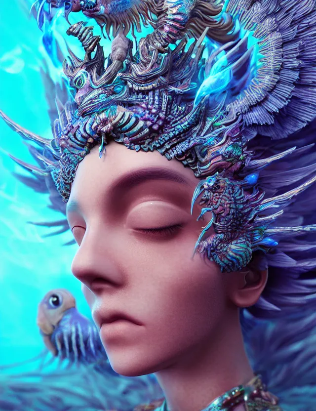 Image similar to render of goddess macro close - up portrait with crown made of phoenix ram skull. betta fish, jellyfish phoenix, bioluminiscent, plasma, ice, water, wind, creature, super intricate ornaments artwork by tooth wu and wlop and beeple and greg rutkowski