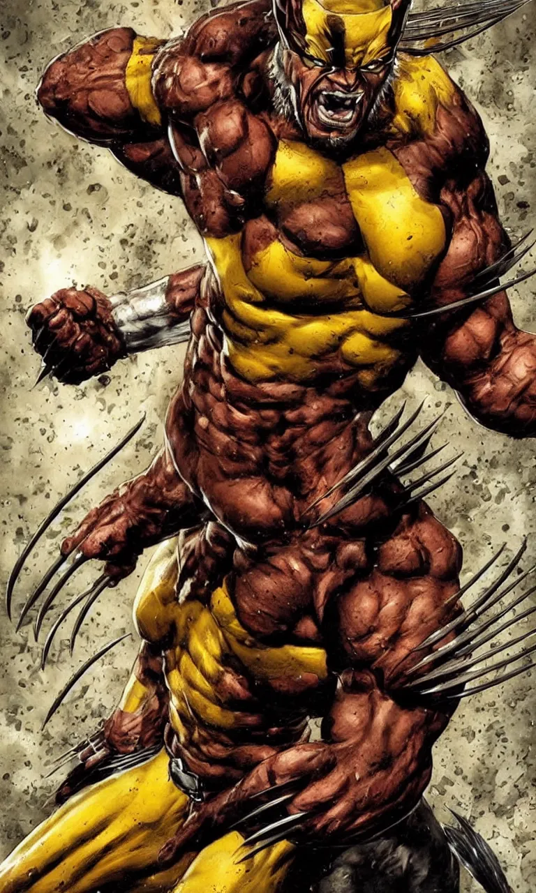 Image similar to elegant detailed artwork of wolverine character redesign by lee bermejo and simon bisley, yellow and red color scheme
