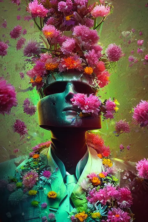 Prompt: closeup, underwater digital painting of a robot wearing a suit made of flowers, cyberpunk portrait by Filip Hodas, cgsociety, panfuturism, abstract expressionism, anaglyph, made of flowers, dystopian art, vaporwave