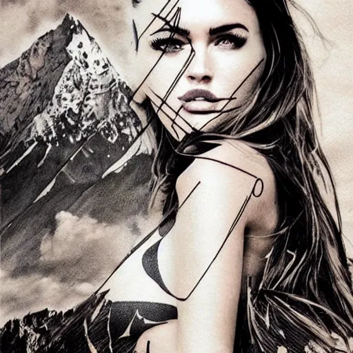 Prompt: tattoo design sketch with double exposure effect, megan fox face blended with beautiful mountain scenery, in the style of matteo pasqualin, amazing detail, mash up