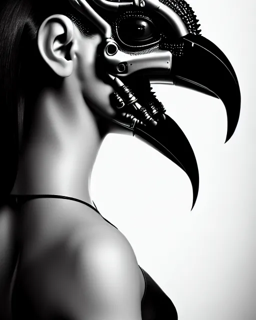 Image similar to a profile portrait, a stunning young woman - cyborg with a mutant crow head, editorial photography, bw, shot on 7 0 mm, depth of field, f / 2. 8, high contrast, 1 6 k, volumetric lighting, shiny, insanely detailed and intricate, hypermaximalist, elegant, ornate, hyper realistic, super detailed