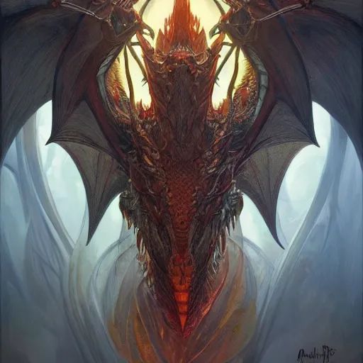 Image similar to symmetry!! smaug dragon, intricate, elegant, highly detailed, digital painting, artstation, concept art, smooth, sharp focus, illustration, art by artgerm and greg rutkowski and alphonse mucha